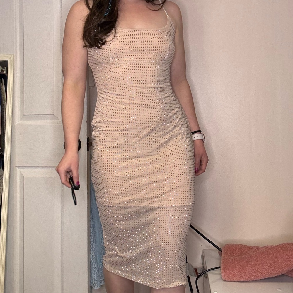 Bebe Sparkle Square Neck Midi Dress in Nude Tan Size Large Silver Rhinestone - Picture 10 of 11